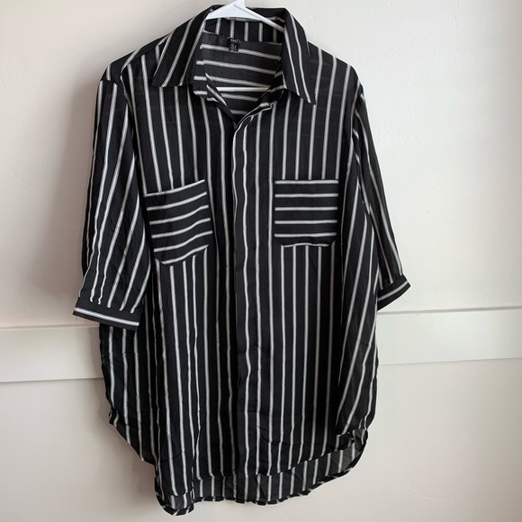 Yamoo Tops - Yamoo European Style Black & White Striped Button Up Shirt